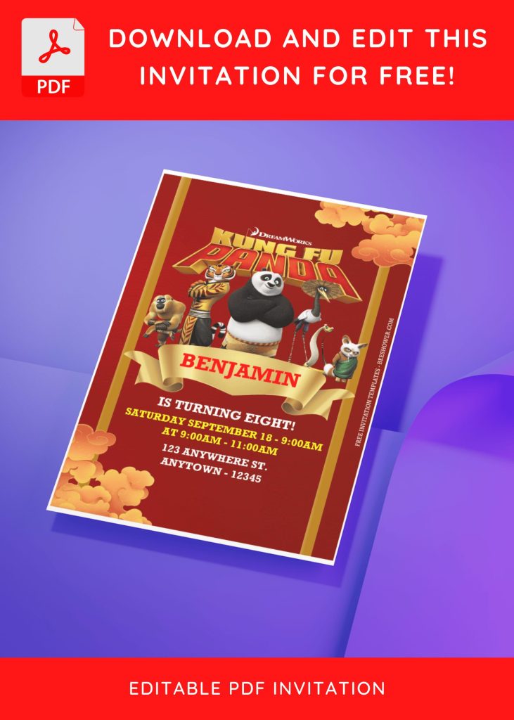 (Free Editable PDF) Festive Kung Fu Panda Baby Shower Invitation Templates J
