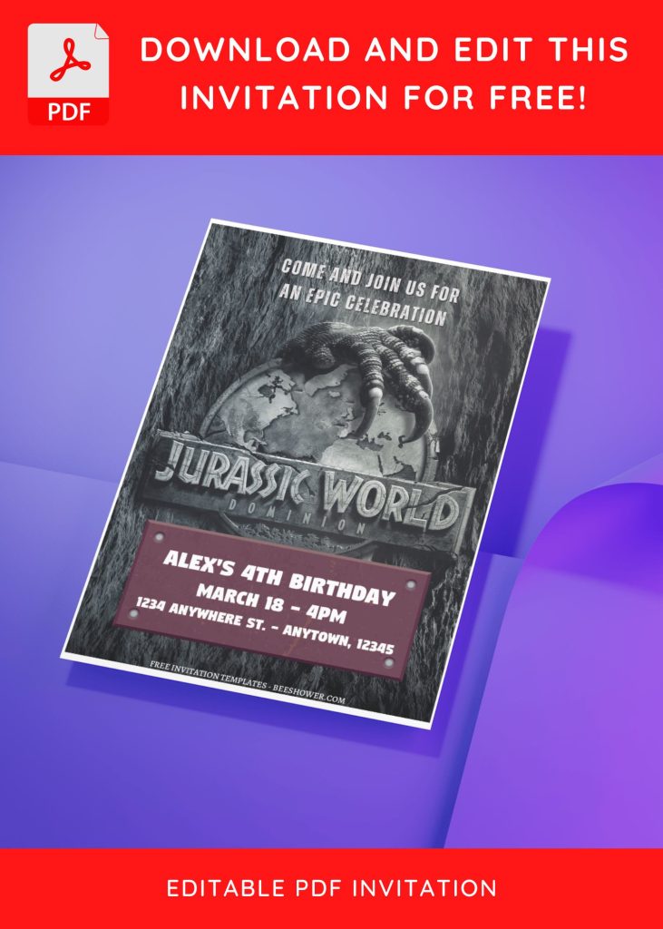 (Free Editable PDF) Jurassic Park Dominion Baby Shower Invitation Templates J