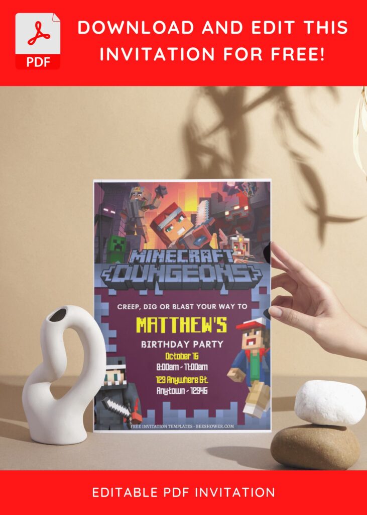 (Free Editable PDF) Pixelated Fun Minecraft Baby Shower Invitation Templates I