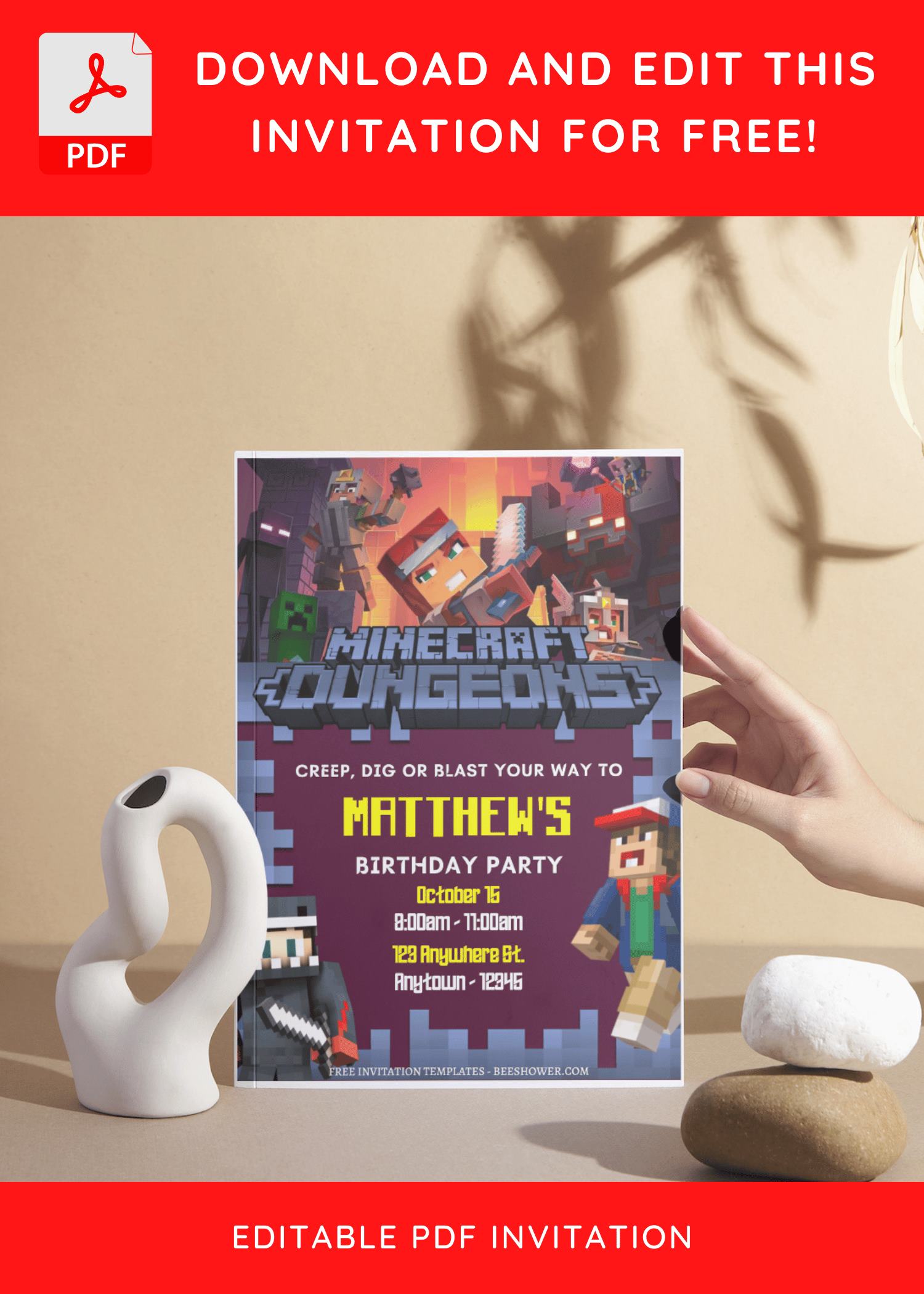(Free Editable PDF) Pixelated Fun Minecraft Baby Shower Invitation Templates C