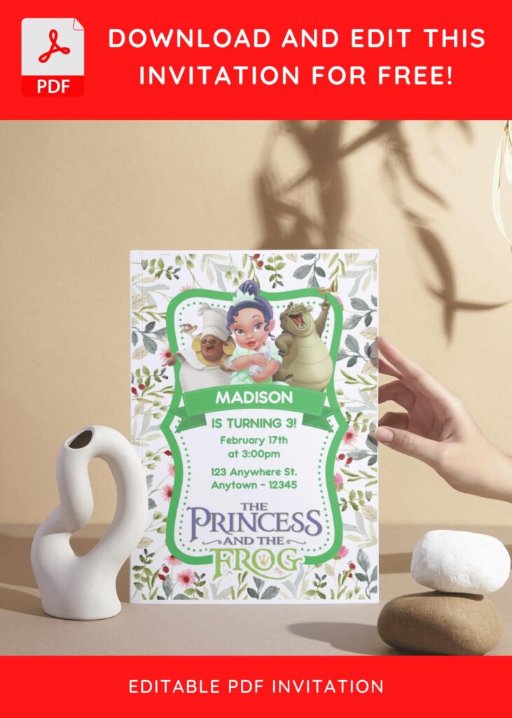 (Free Editable PDF) Beautiful Floral Princess Tiana And Frog Baby Shower Invitation Templates I