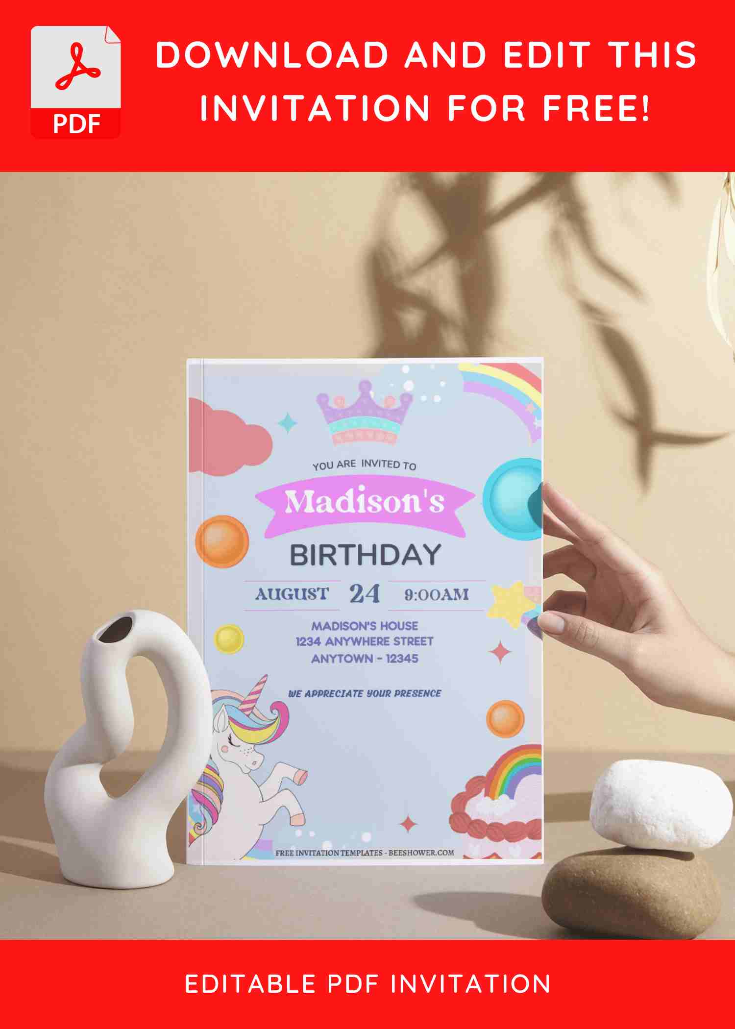(Free Editable PDF) Enchanted Rainbow & Unicorn Baby Shower Invitation Templates C