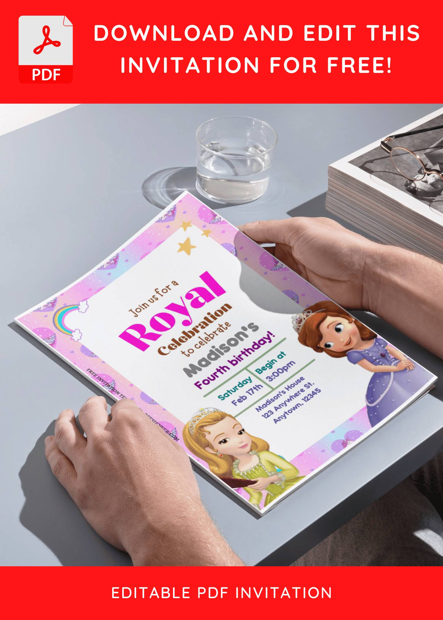 (Free Editable PDF) Royal Princess Sofia The First Baby Shower Invitation Templates C
