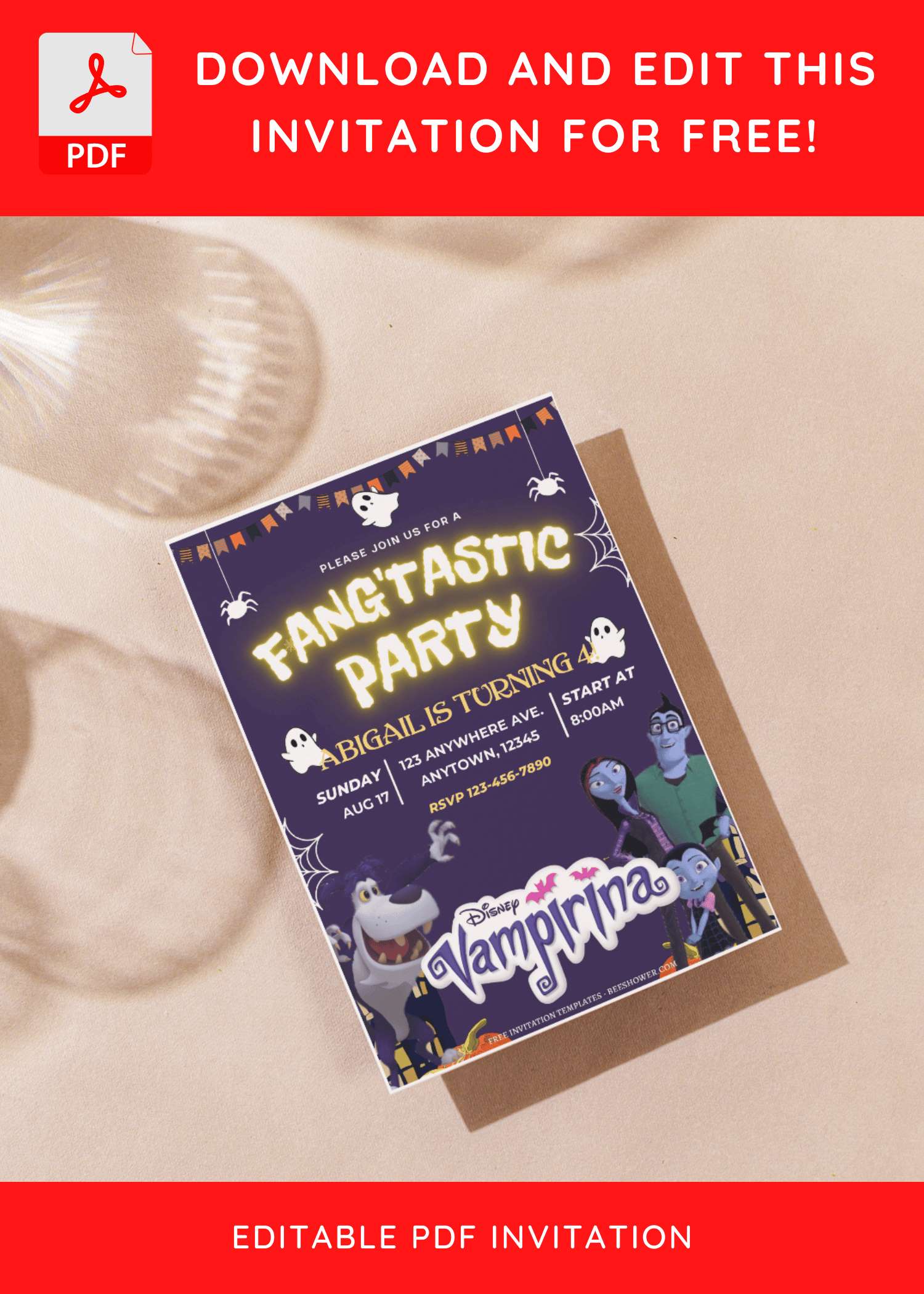 (Free Editable PDF) Spooky Fun Disney Vampirina Baby Shower Invitation Templates C