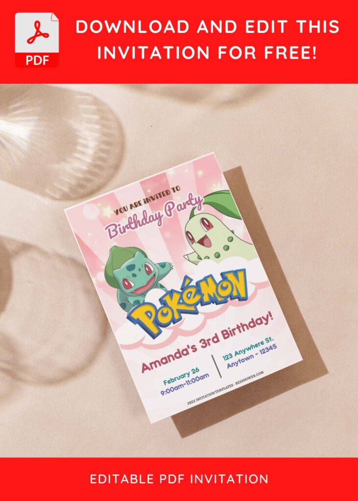 (Free Editable PDF) Pink Pokemon Fiesta Baby Shower Invitation Templates G
