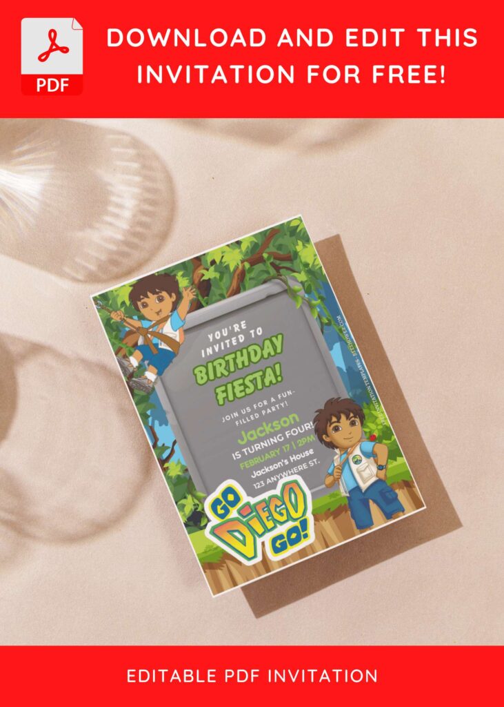 (Free Editable PDF) Jungle Go Diego Go Baby Shower Invitation Templates G