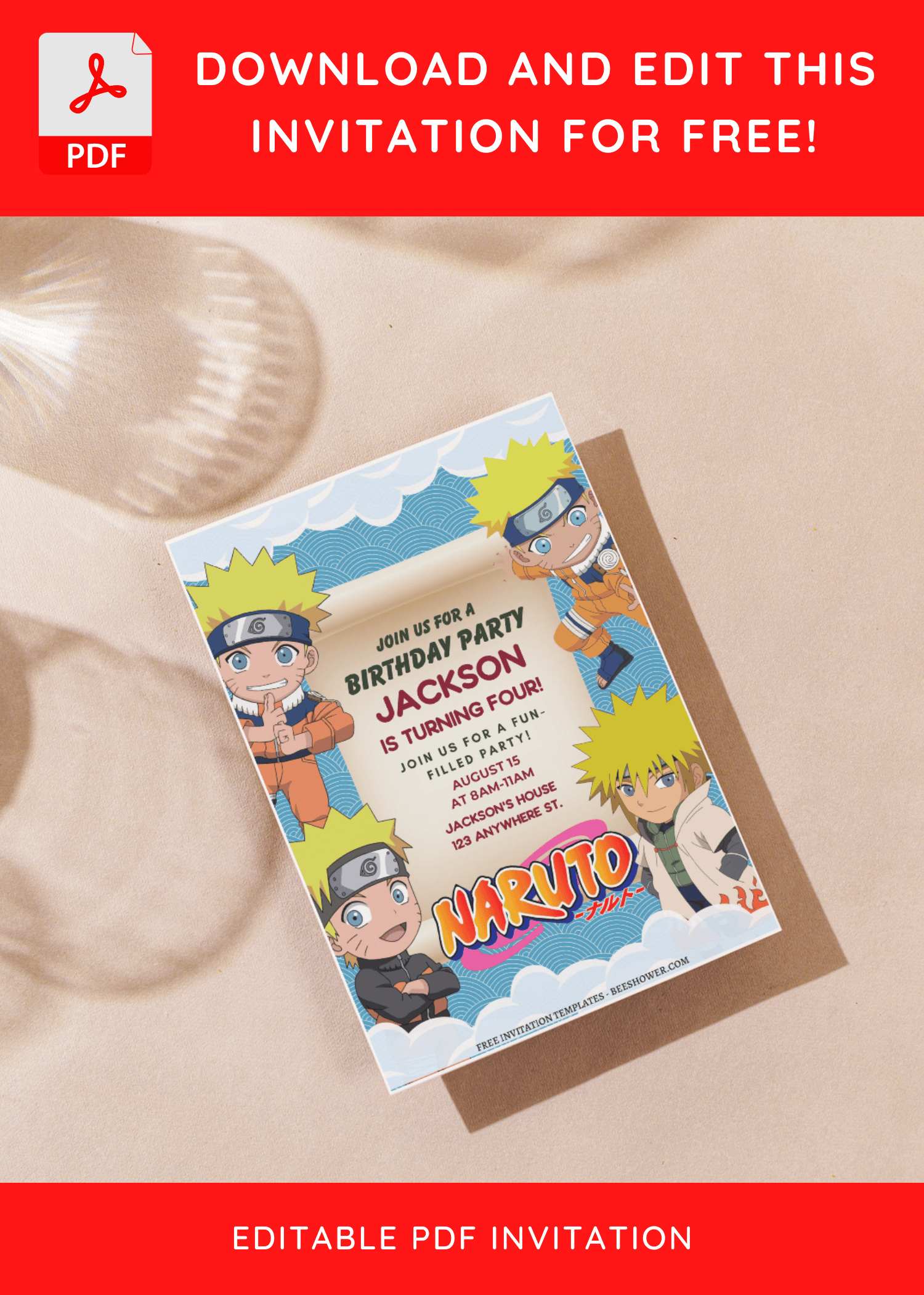 (Free Editable PDF) Awesome Naruto Shippuden Baby Shower Invitation Templates C