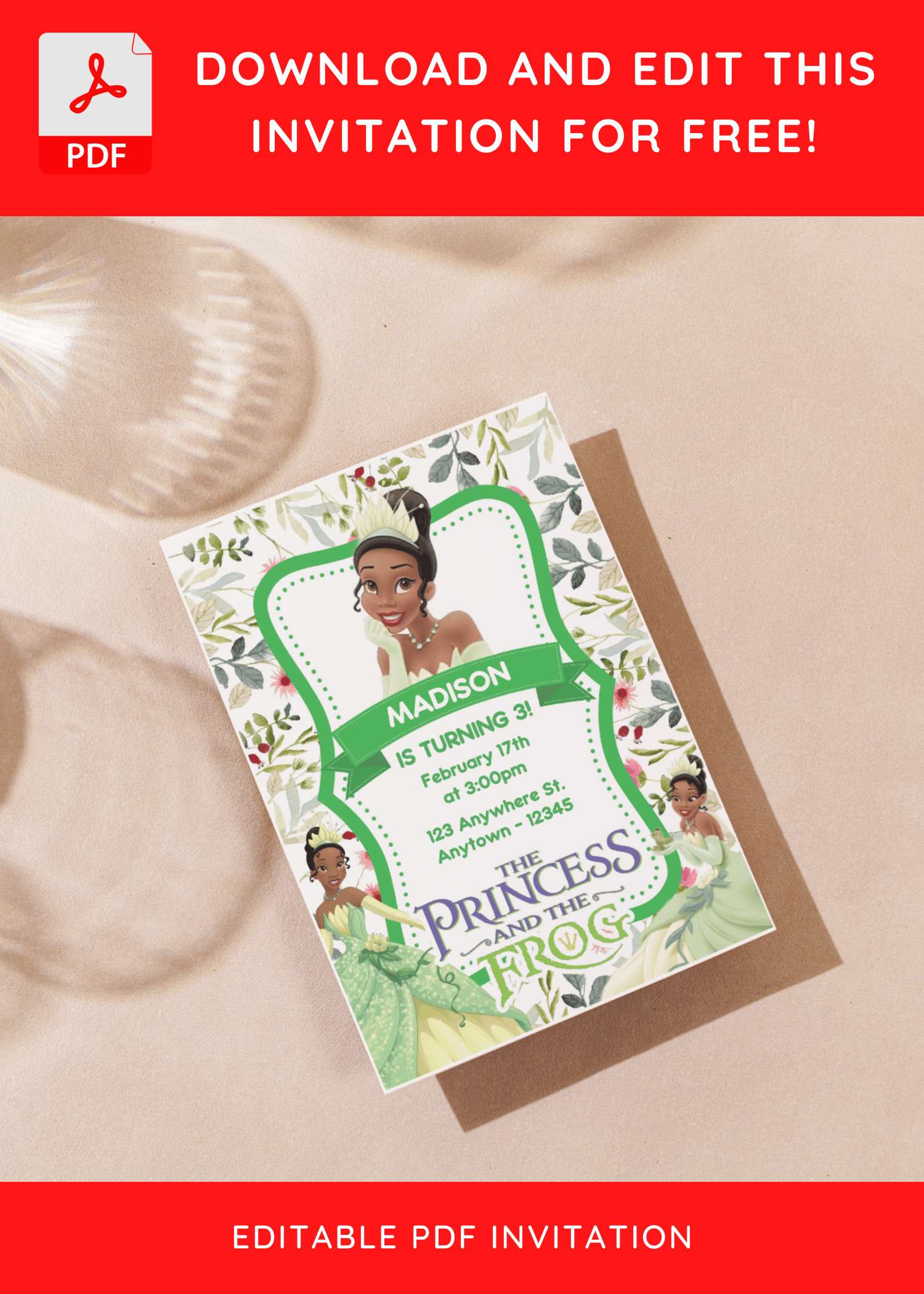 (Free Editable PDF) Beautiful Floral Princess Tiana And Frog Baby Shower Invitation Templates C