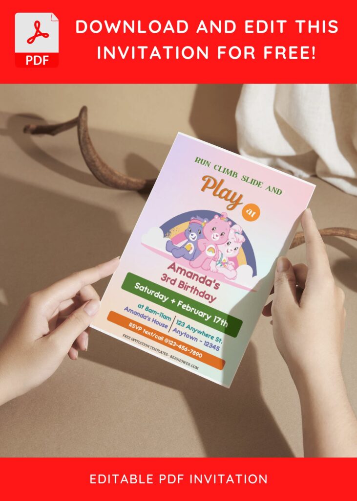 5 16 - Downloadable (Free Editable PDF) A Barrel Of Fun Care Bears Baby Shower Invitation Templates - Template No. 26