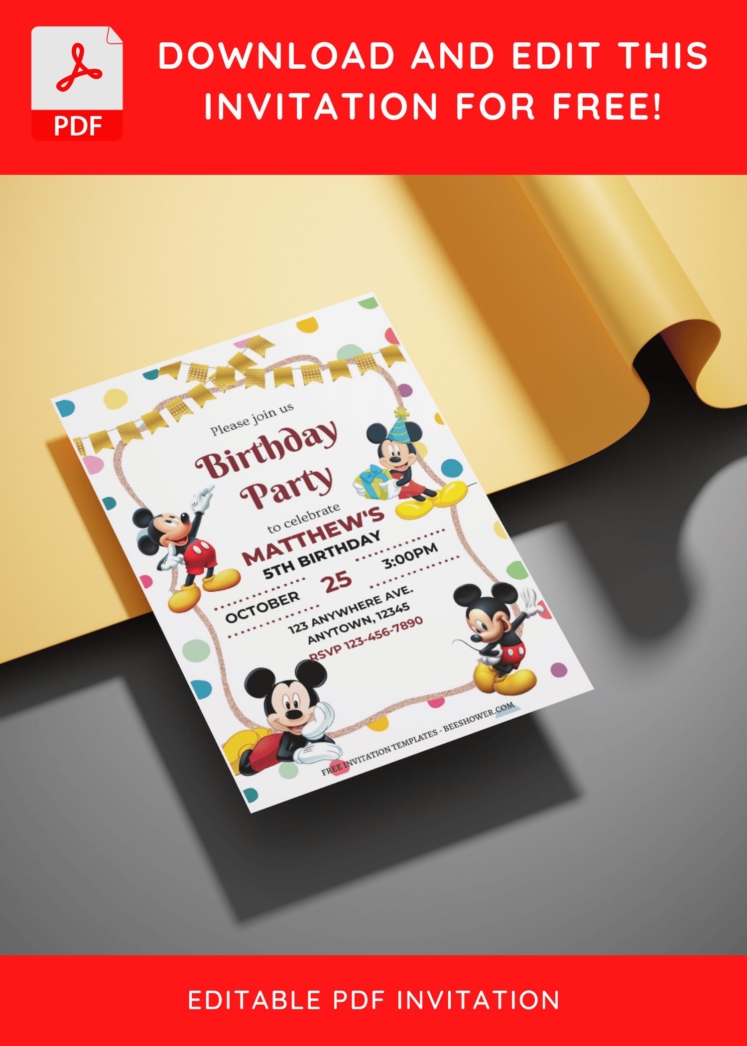 (Free Editable PDF) Lively Fun Mickey Mouse Baby Shower Invitation Templates C