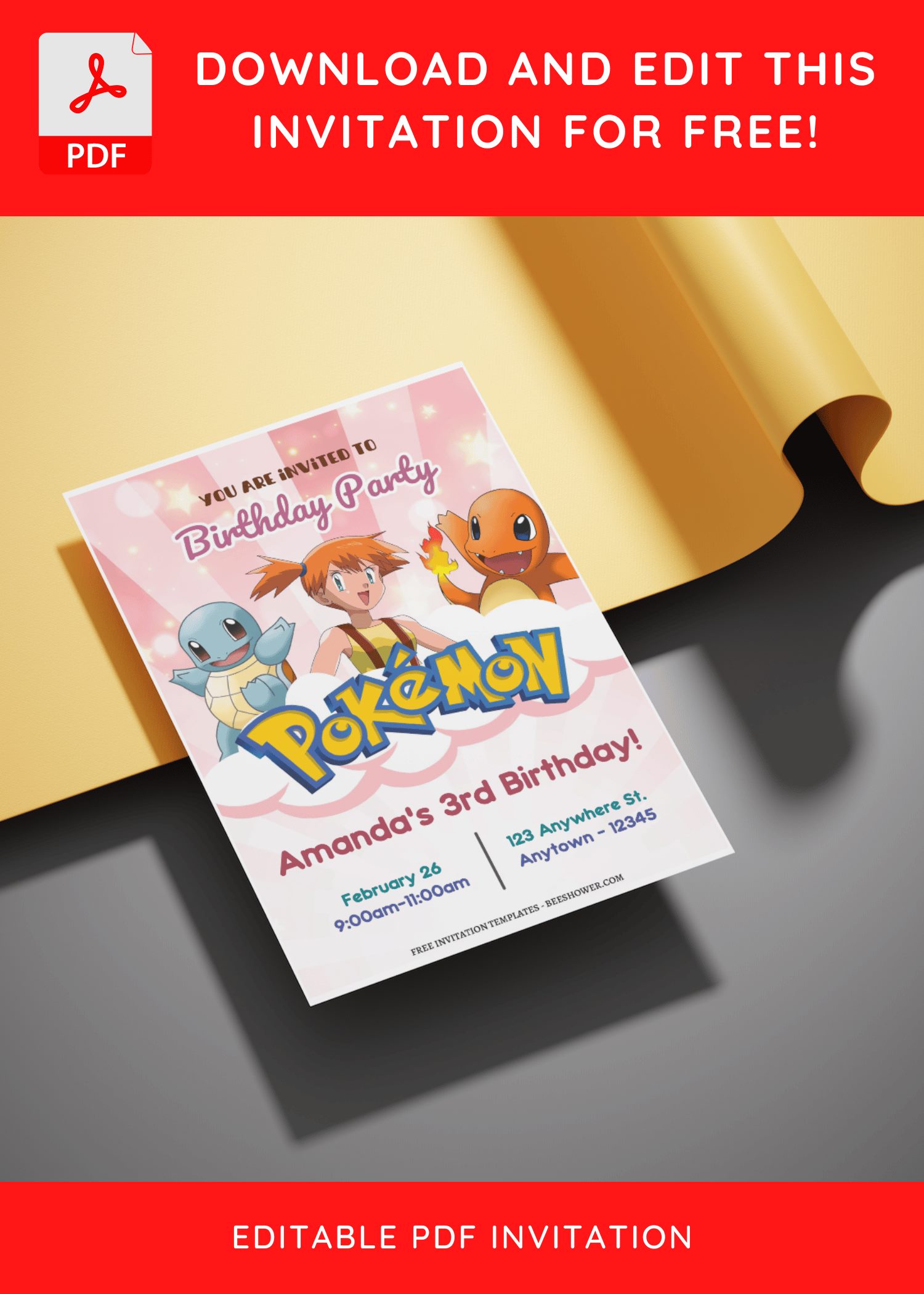 (Free Editable PDF) Pink Pokemon Fiesta Baby Shower Invitation Templates C