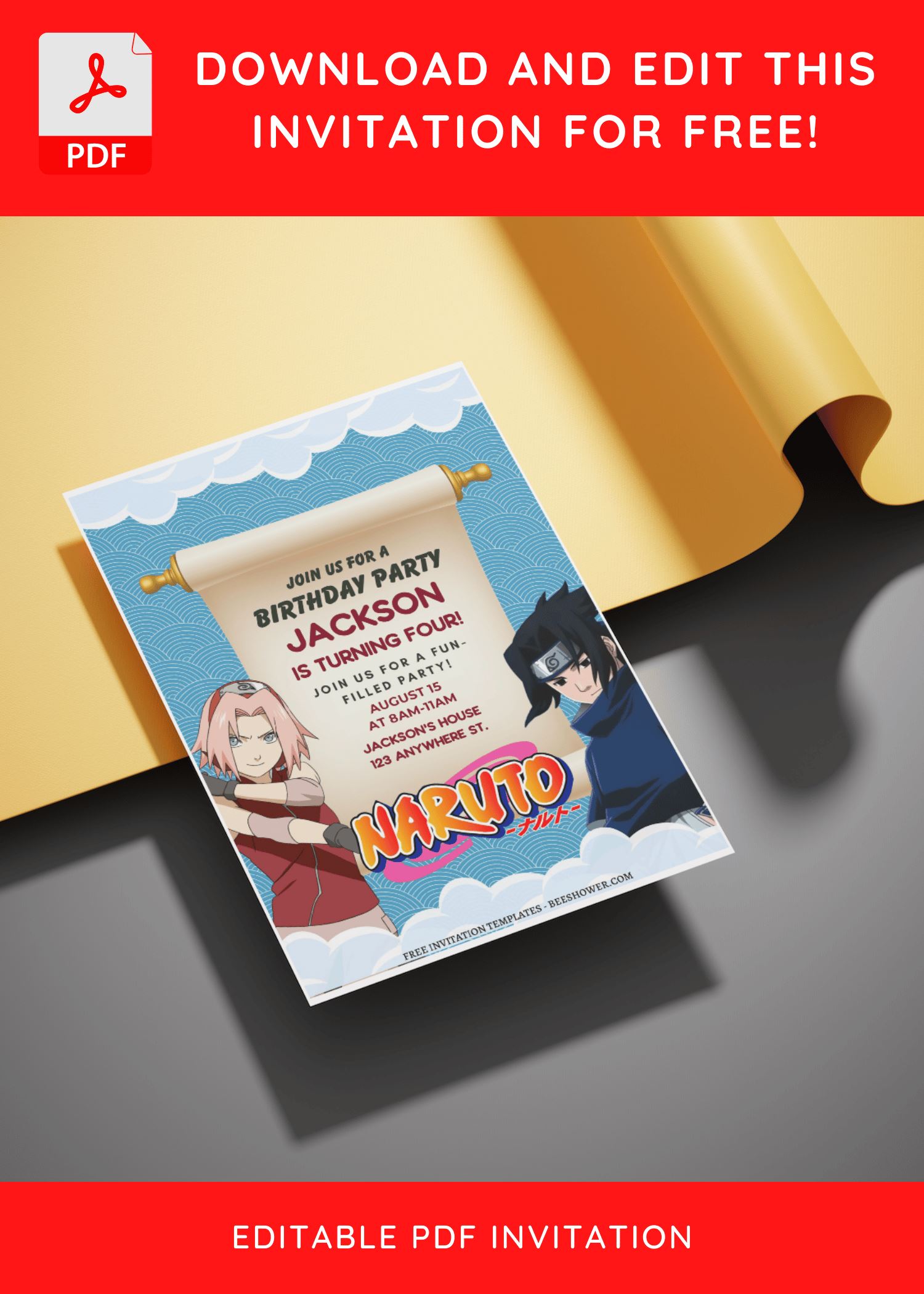 (Free Editable PDF) Awesome Naruto Shippuden Baby Shower Invitation Templates C