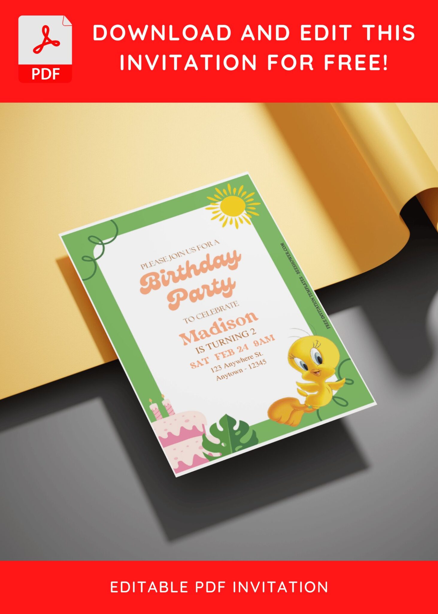 (Free Editable PDF) Charming Tweety Themed Baby Shower Invitation ...