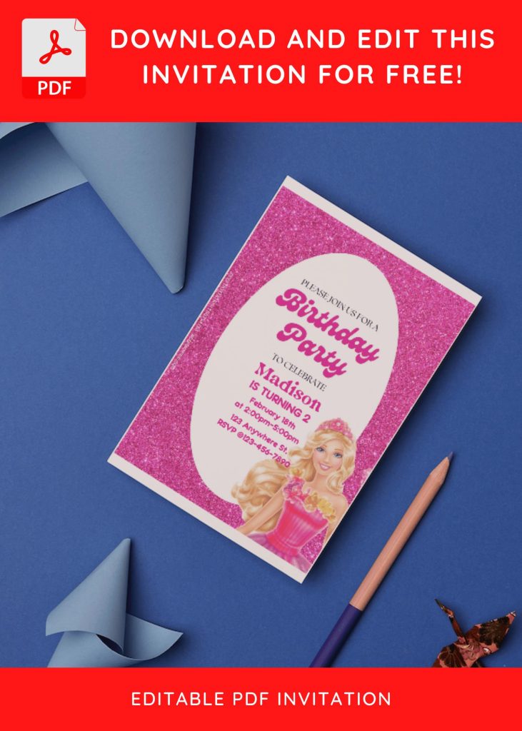 6 72 - Downloadable (Free Editable PDF) Gleaming Barbie Love Baby Shower Invitation Templates - Template No. 32