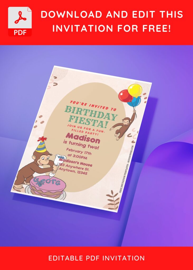 (Free Editable PDF) Swinging Into Fun Curious George Baby Shower Invitation Templates D