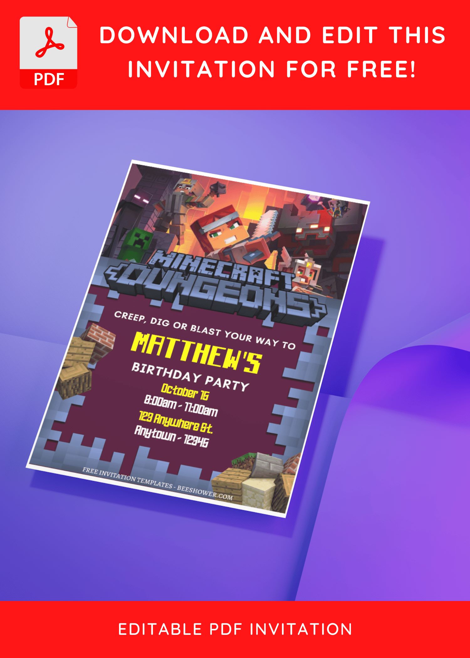 (Free Editable PDF) Pixelated Fun Minecraft Baby Shower Invitation Templates C