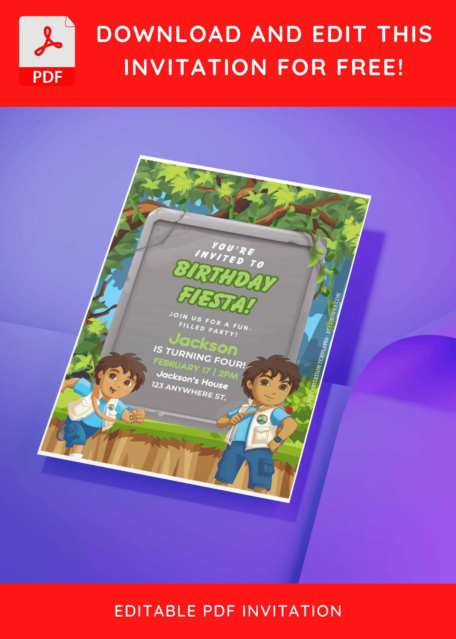 (Free Editable PDF) Jungle Go Diego Go Baby Shower Invitation Templates C