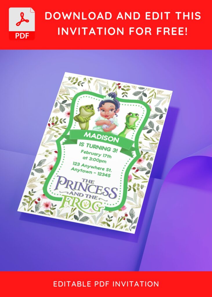 7 55 - Downloadable (Free Editable PDF) Beautiful Floral Princess Tiana And Frog Baby Shower Invitation Templates - Template No. 21