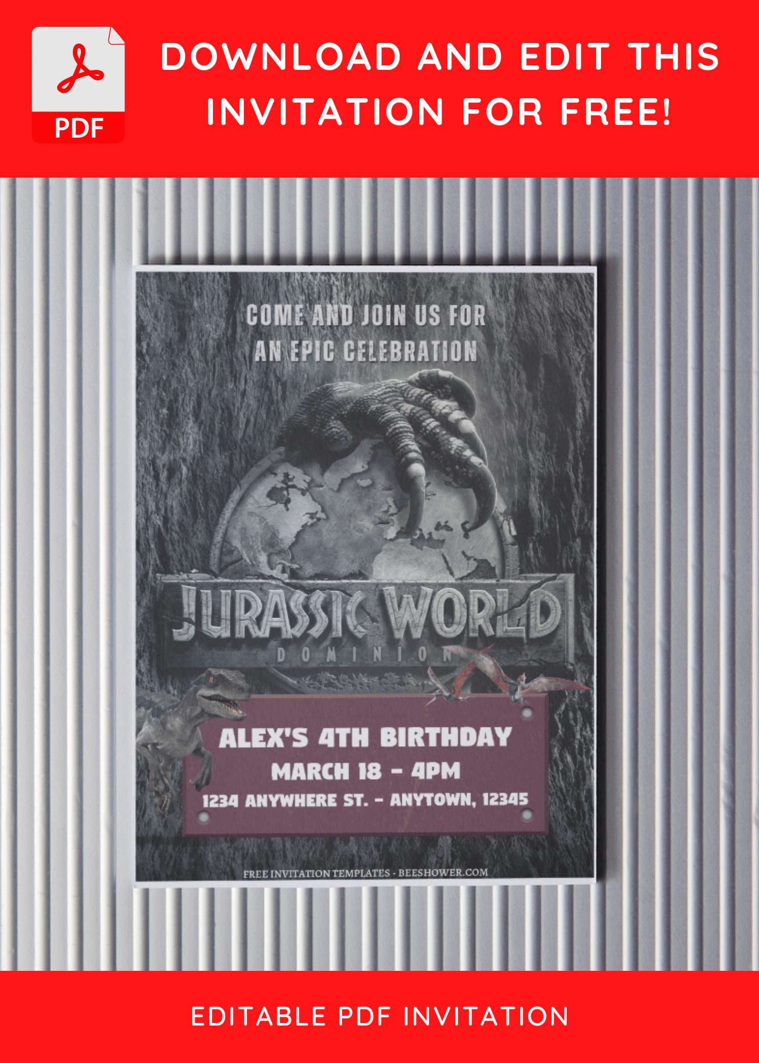 (Free Editable PDF) Jurassic Park Dominion Baby Shower Invitation Templates C