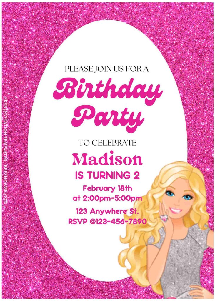 Barbie B - Downloadable (Free Editable PDF) Gleaming Barbie Love Baby Shower Invitation Templates - Template No. 28