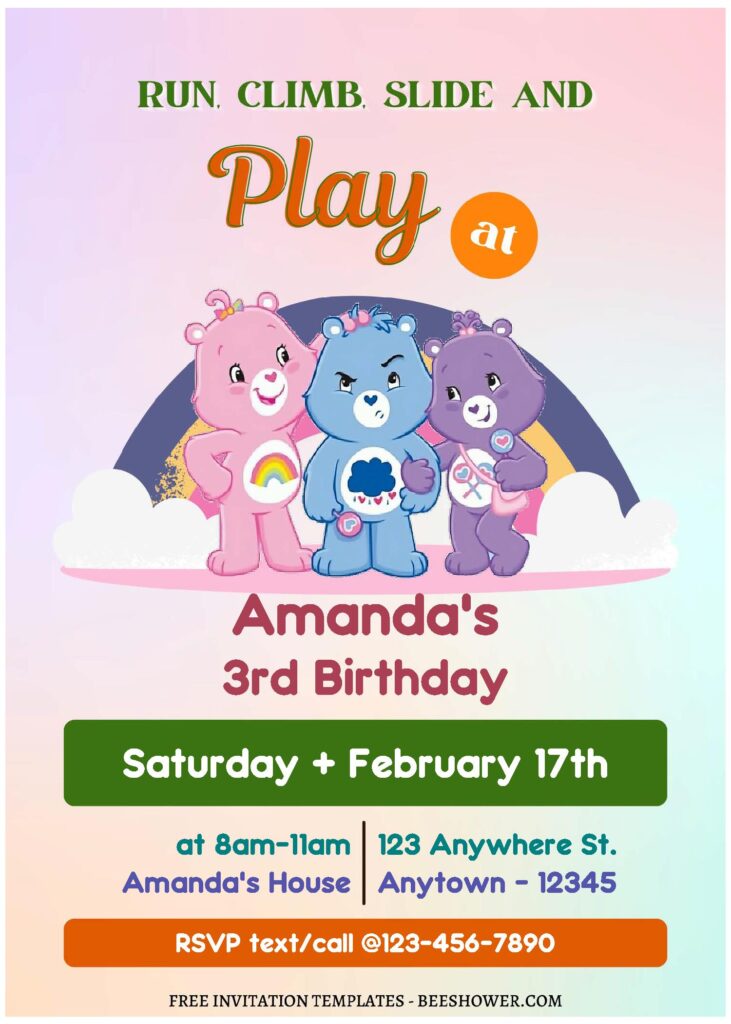 (Free Editable PDF) A Barrel Of Fun Care Bears Baby Shower Invitation Templates C