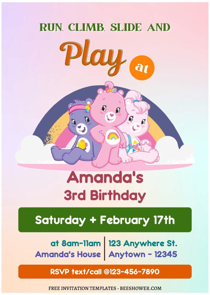 Care Bears B - Downloadable (Free Editable PDF) A Barrel Of Fun Care Bears Baby Shower Invitation Templates - Template No. 21