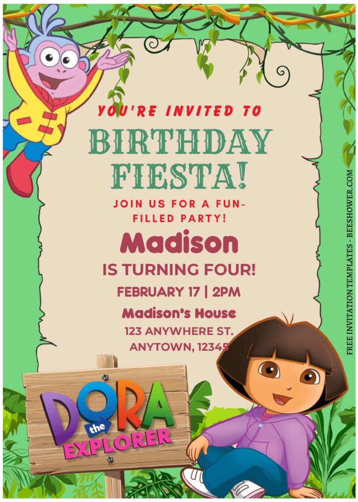 (Free Editable PDF) Rumble In The Jungle Dora Explorer Baby Shower Invitation Templates A