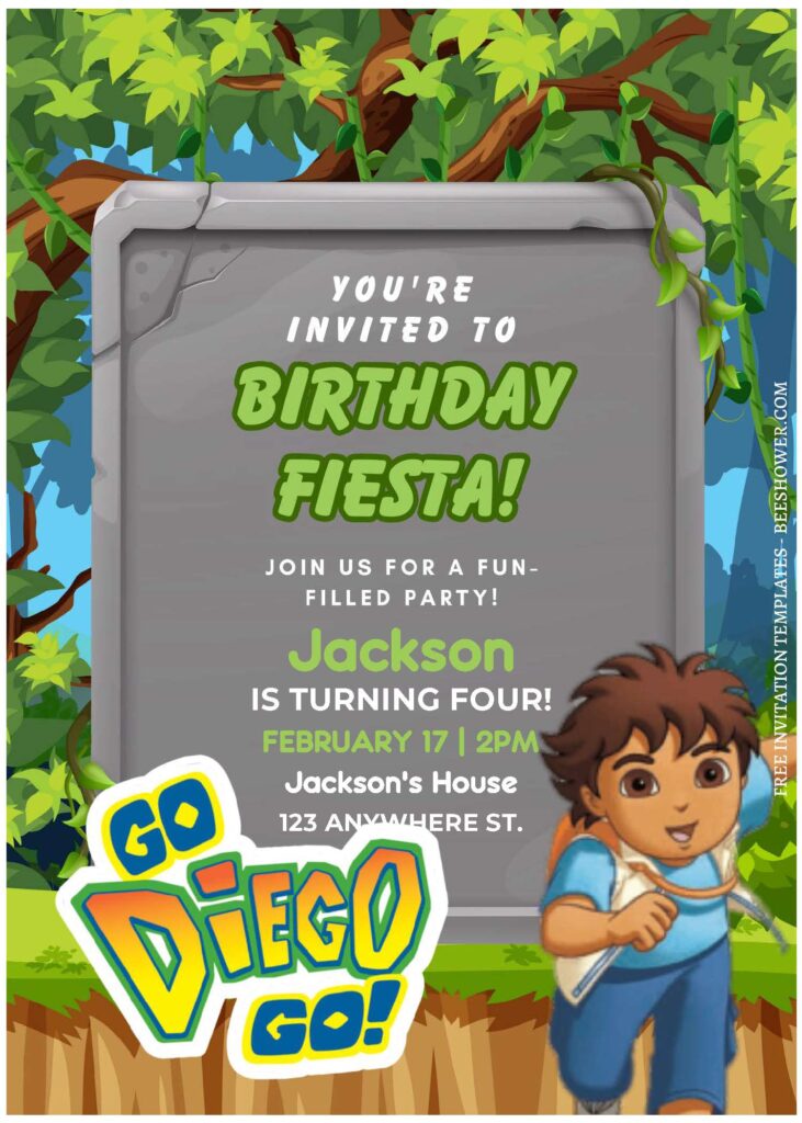 (Free Editable PDF) Jungle Go Diego Go Baby Shower Invitation Templates A