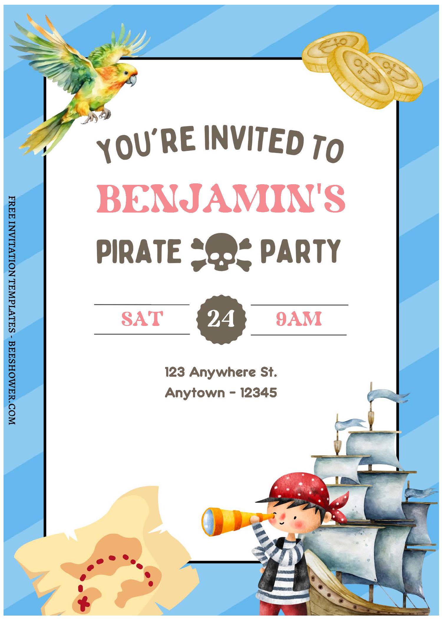 (Free Editable PDF) Quirky Little Pirate Baby Shower Invitation Templates