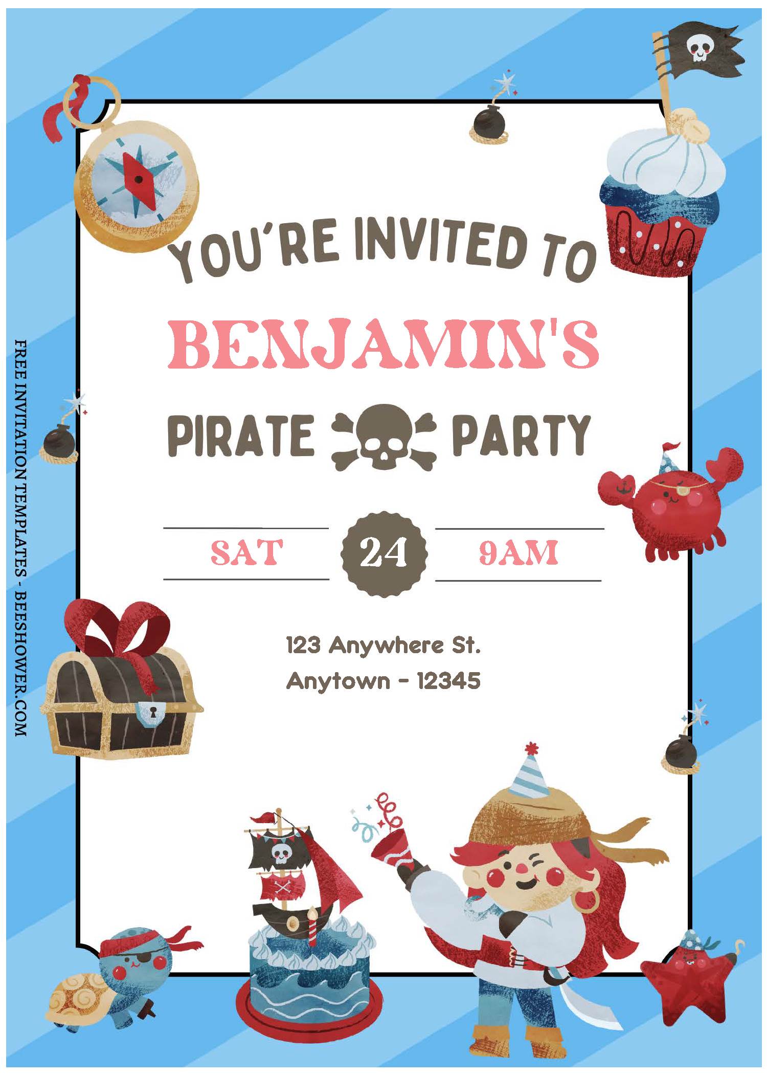 (Free Editable PDF) Quirky Little Pirate Baby Shower Invitation Templates
