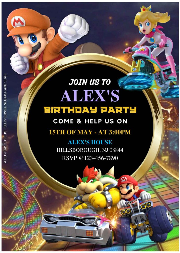 (Free Editable PDF) Epic Super Mario Kart Baby Shower Invitation Templates A