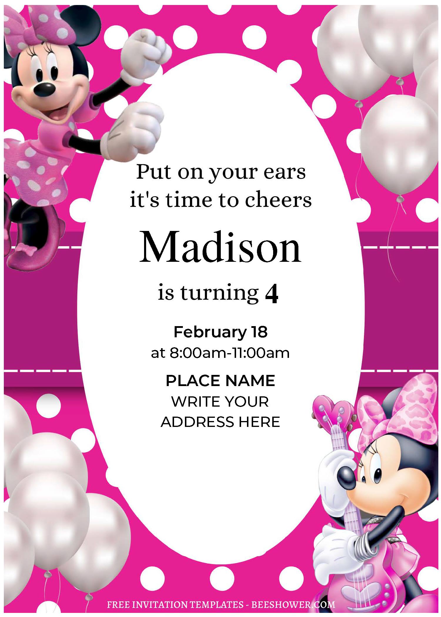 (Free Editable PDF) Festive Minnie Mouse Baby Shower Invitation Templates C