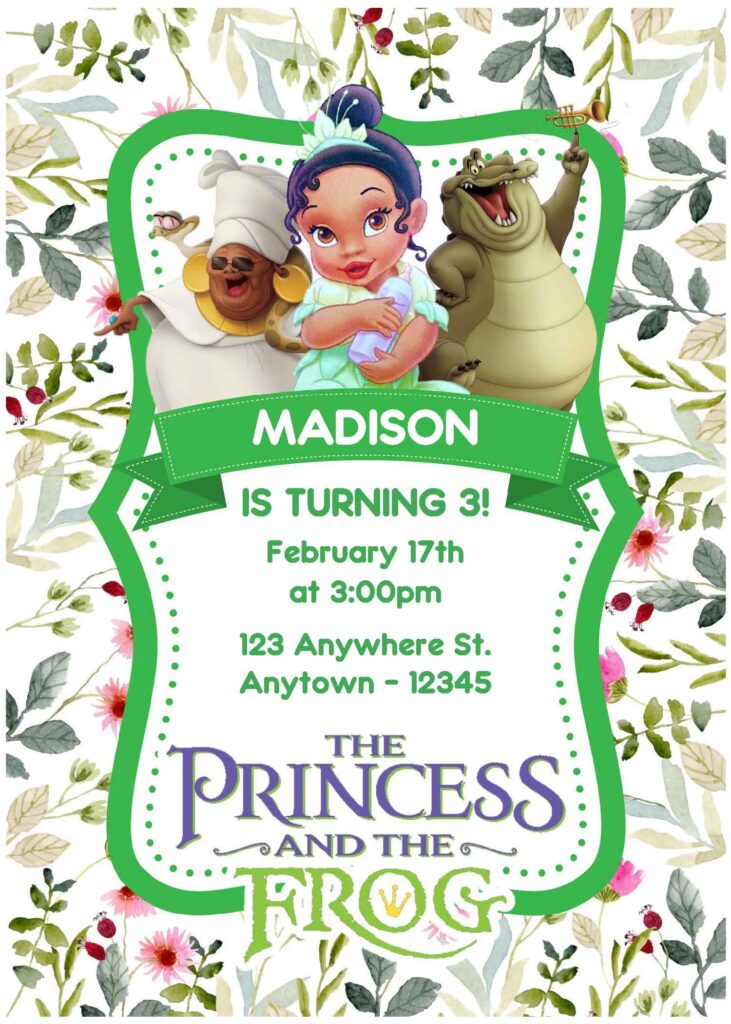 (Free Editable PDF) Beautiful Floral Princess Tiana And Frog Baby Shower Invitation Templates A