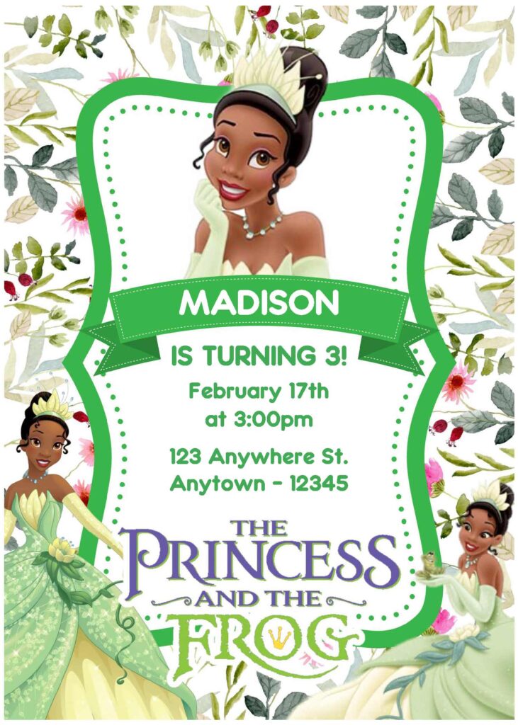 (Free Editable PDF) Beautiful Floral Princess Tiana And Frog Baby Shower Invitation Templates C