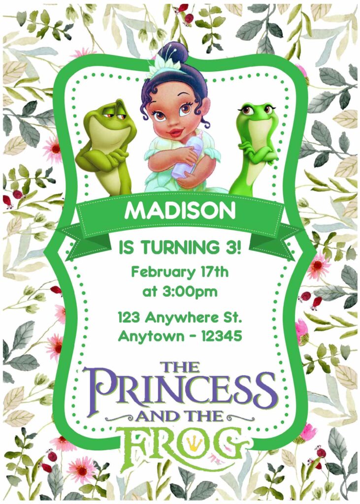 Princess The Frog C - Downloadable (Free Editable PDF) Beautiful Floral Princess Tiana And Frog Baby Shower Invitation Templates - Template No. 18