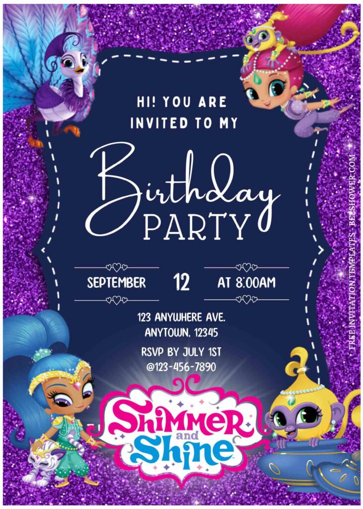 Shimmer Shine C - Downloadable (Free Editable PDF) Sparkling Shimmer & Shine Baby Shower Invitation Templates - Template No. 20