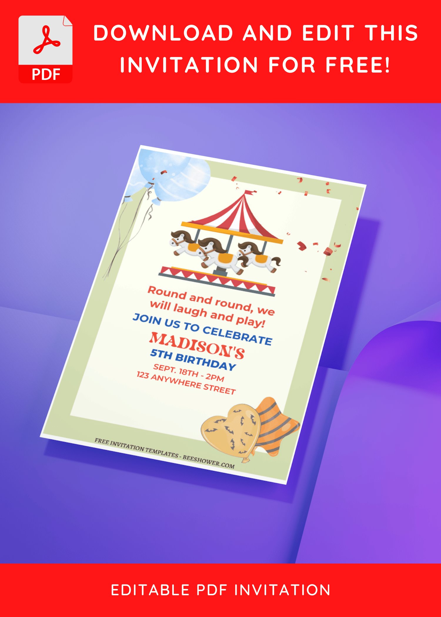 (Free Editable PDF) Lovely Carousel Baby Shower Invitation Templates C