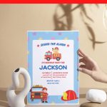 (Free Editable PDF) Cute Baby’s First Alarm Firefighter Baby Shower Invitation Templates I