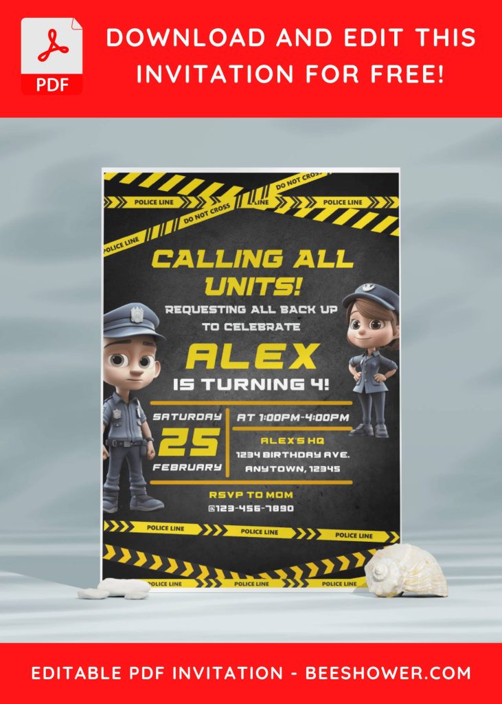 (Free Editable PDF) Calling All Units! Police Themed Baby Shower Invitation Templates with portrait orientation design