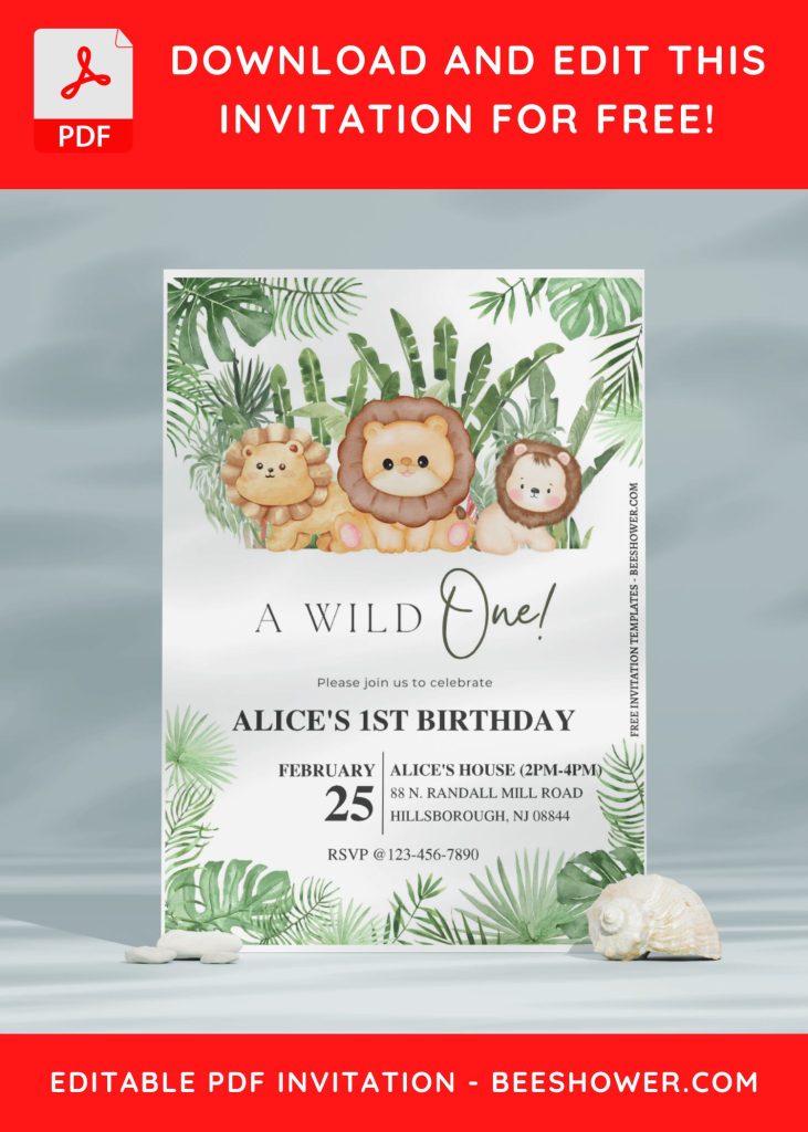 (Free Editable PDF) Greenery Wild Ones Baby Shower Invitation Templates with watercolor lions