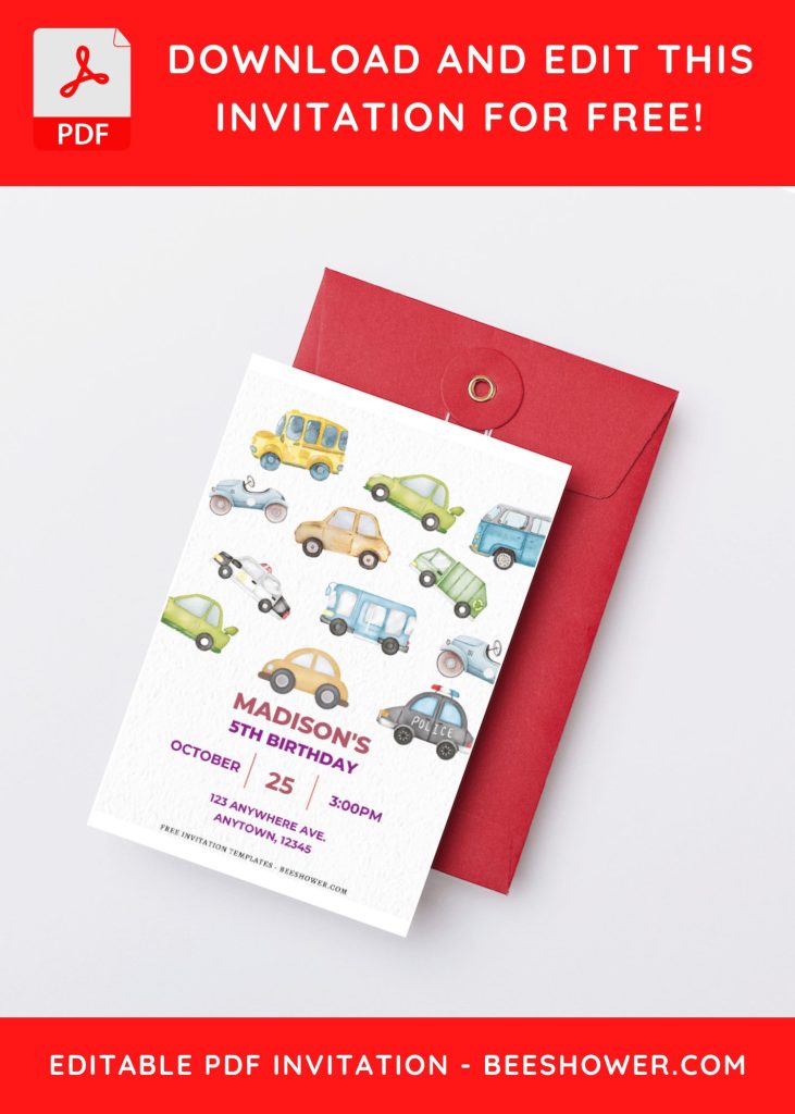 (Free Editable PDF) Watercolor Cars And Dump Trucks Baby Shower Invitation Templates with cute dump truck