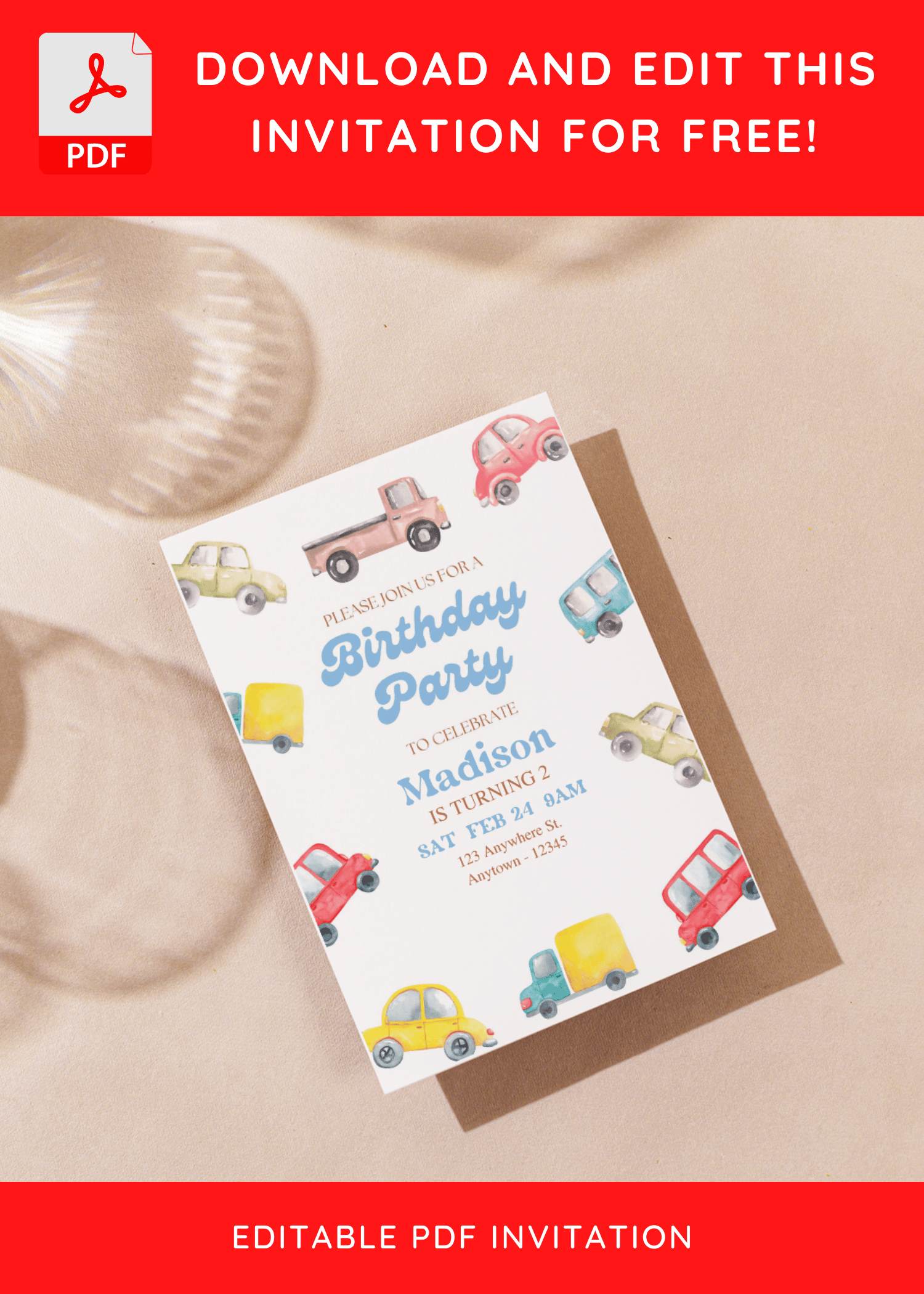 (Free Editable PDF) Vroom-Vroom Transportation Baby Shower Invitation Templates I