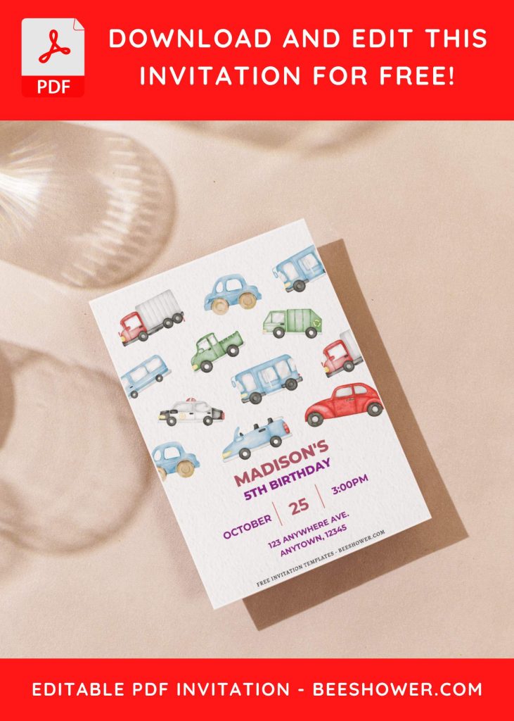 (Free Editable PDF) Watercolor Cars And Dump Trucks Baby Shower Invitation Templates with watercolor cars