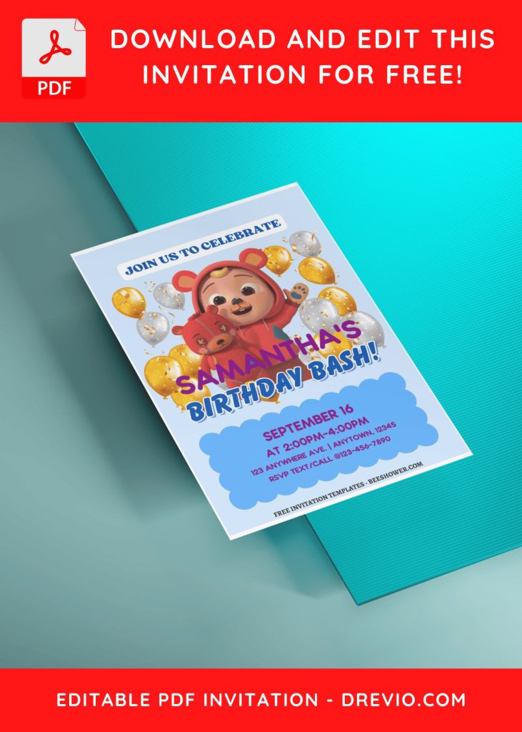 (Free Editable PDF) Cocomelon Joy Baby Shower Invitation Templates with editable text