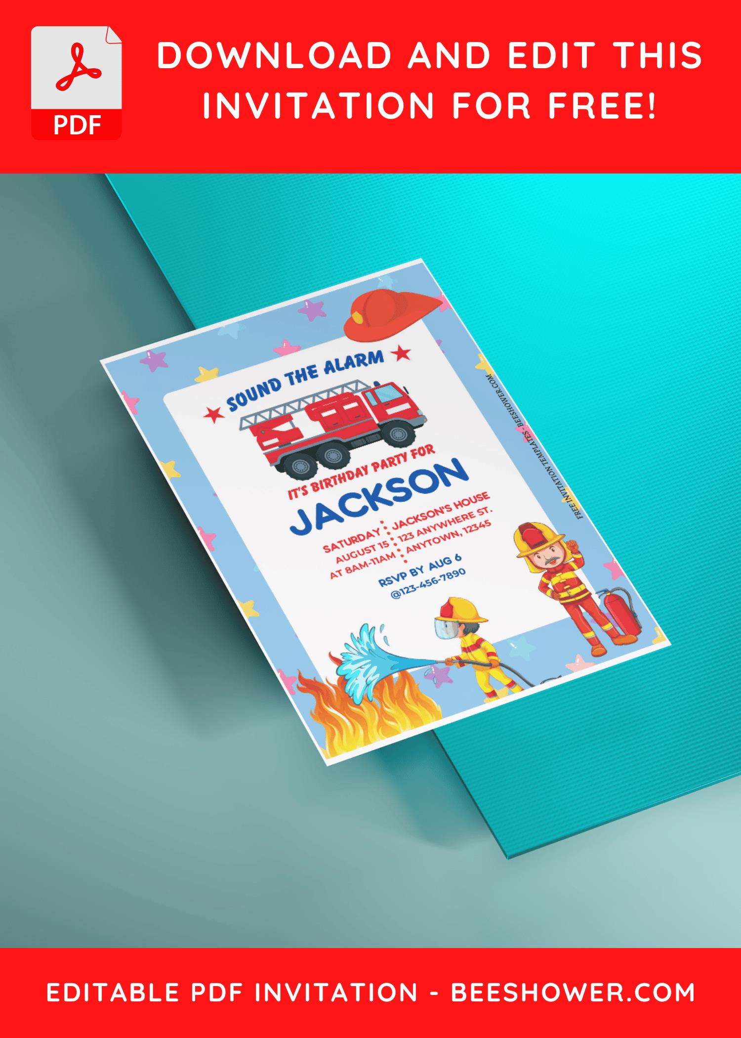 (Free Editable PDF) Cute Baby's First Alarm Firefighter Baby Shower Invitation Templates with editable text