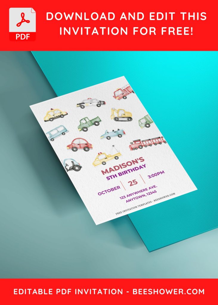 (Free Editable PDF) Watercolor Cars And Dump Trucks Baby Shower Invitation Templates with colorful text