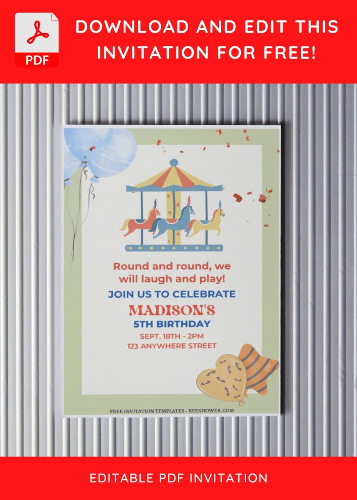 7 11 - Downloadable (Free Editable PDF) Lovely Carousel Baby Shower Invitation Templates - Template No. 23