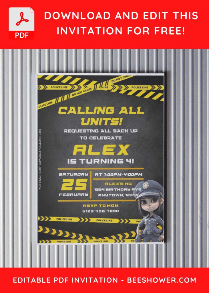 (Free Editable PDF) Calling All Units! Police Themed Baby Shower Invitation Templates with police line
