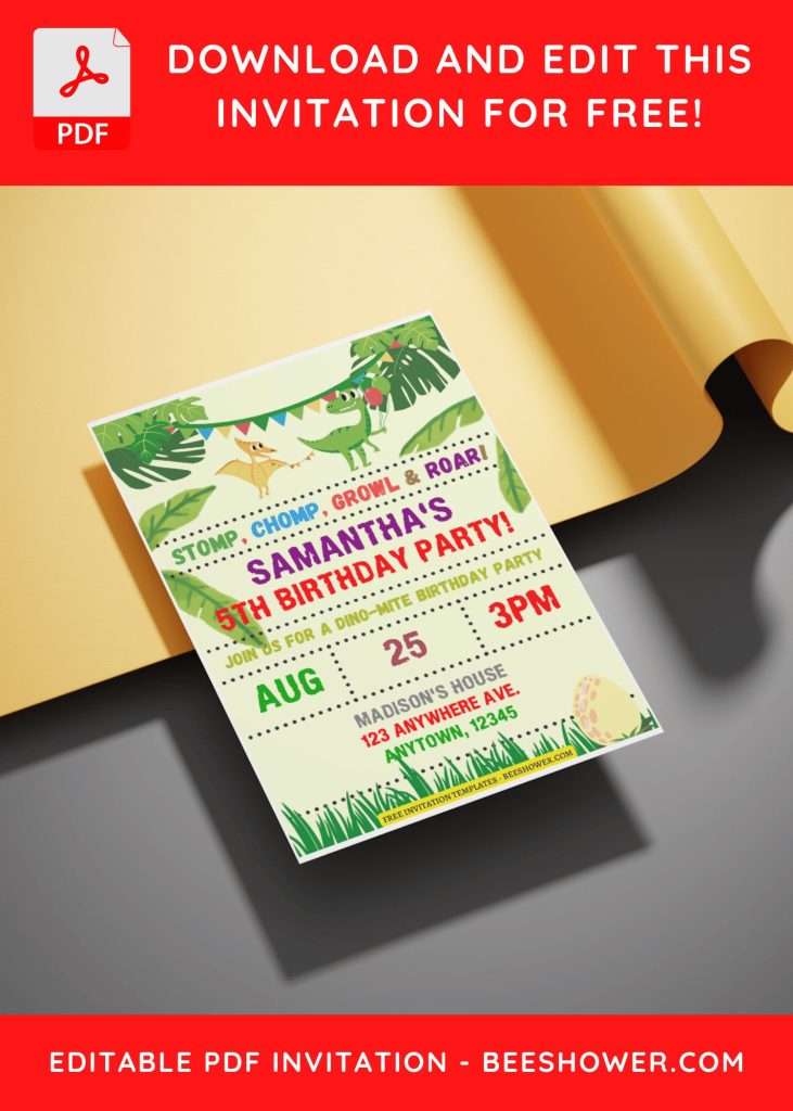 (Free Editable PDF) Festive Dino Birthday Party Invitation Templates with greenery border