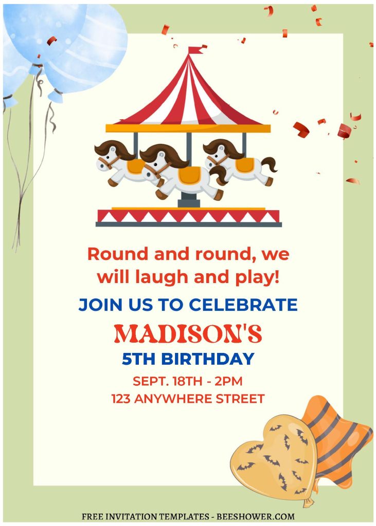 Carousel Merry Go Round C - Downloadable (Free Editable PDF) Lovely Carousel Baby Shower Invitation Templates - Template No. 20